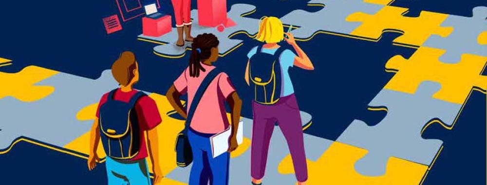 Colorful illustrated graphic of three students walking over a puzzle pathway