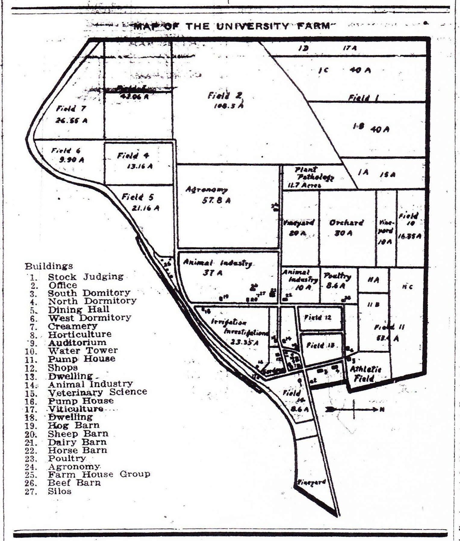 map showing UC Davis with mostly fields and a list of 27 buildings