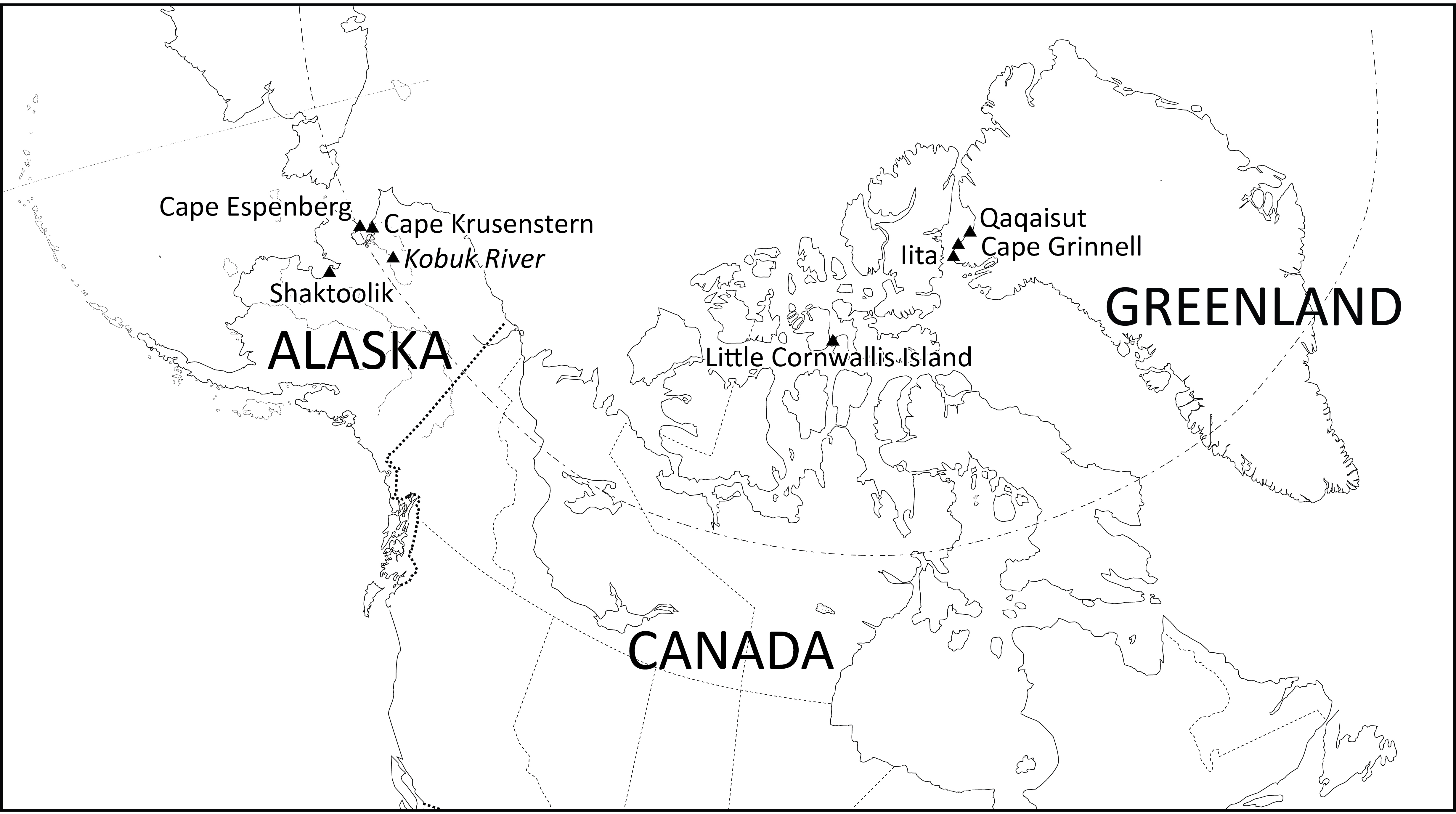 Map showing dig sites in Alaska, Canada and Greenland
