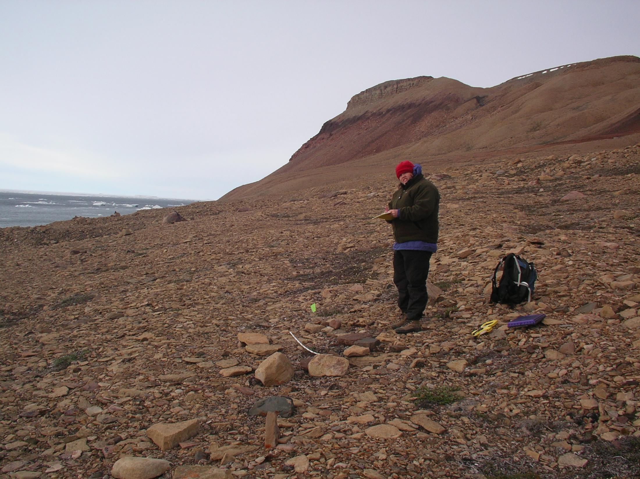 Photo: UC Davis archaeologist Christyann Darwent standing with clipboard in a baren, rocky landscape