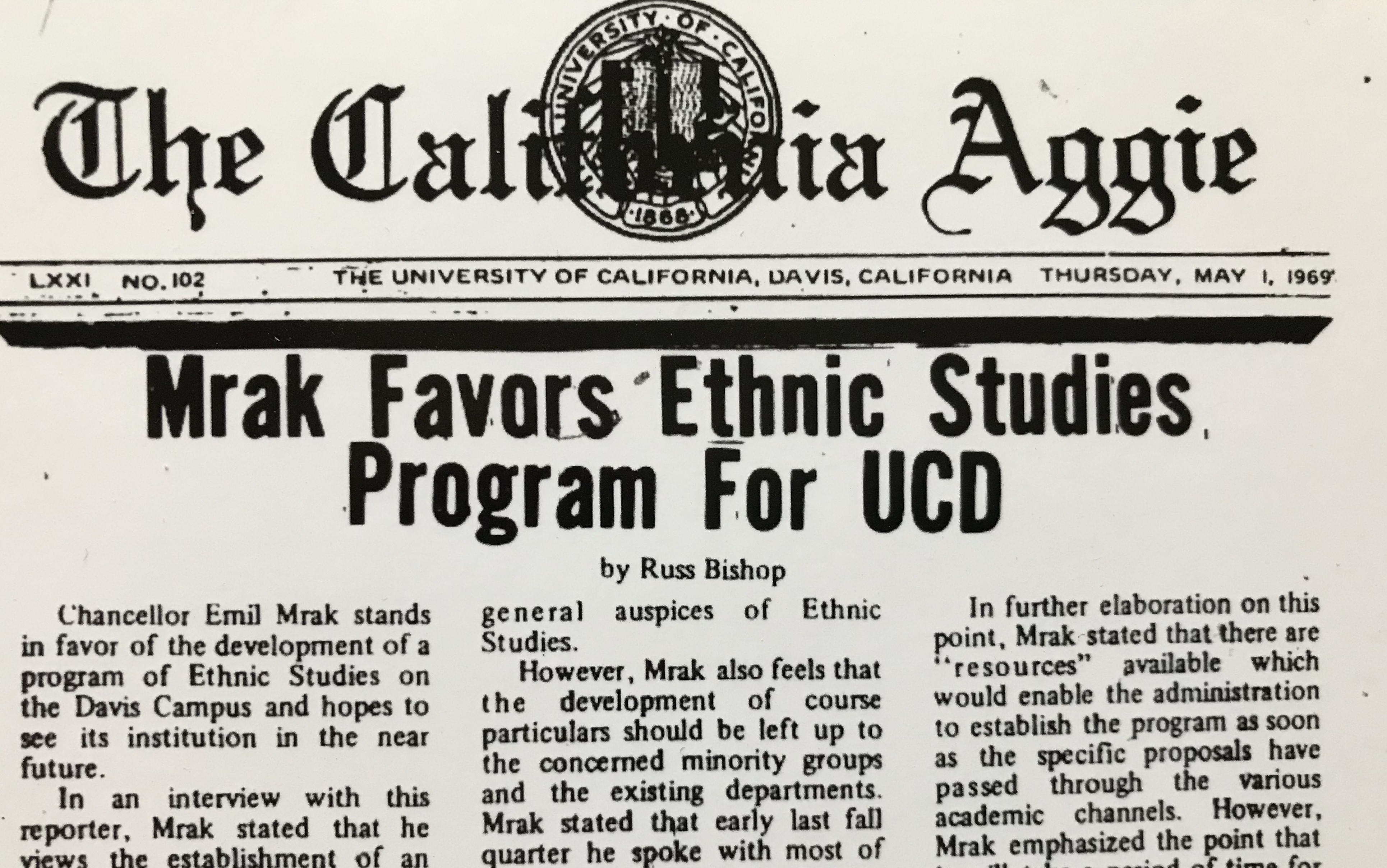 headline on Chancellor Mrak's support for ethnic studies