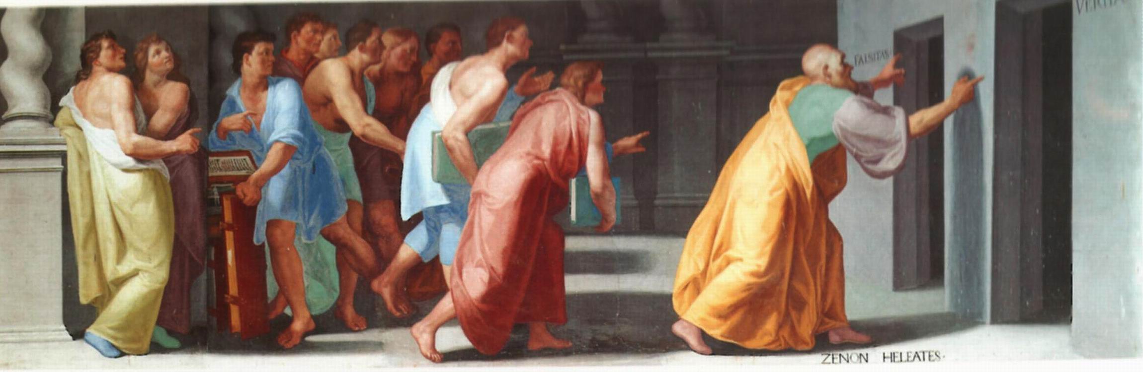 fresco of old man in toga showing two doors to group of young men