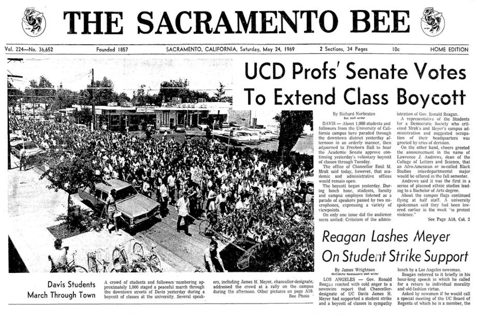 Front page of the Sacramento Bee with coverage of UC Davis protests May 1969. 