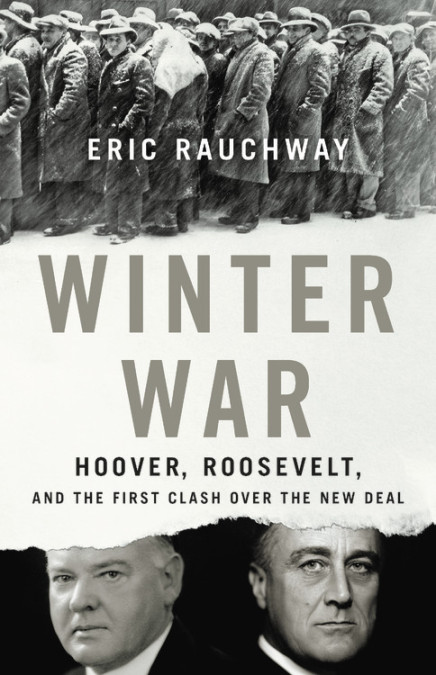 Book cover with Depression-era photo of men standing in line in snowy weather and portraits of Presidents Herbert Hoover and Franklin Roosevelt