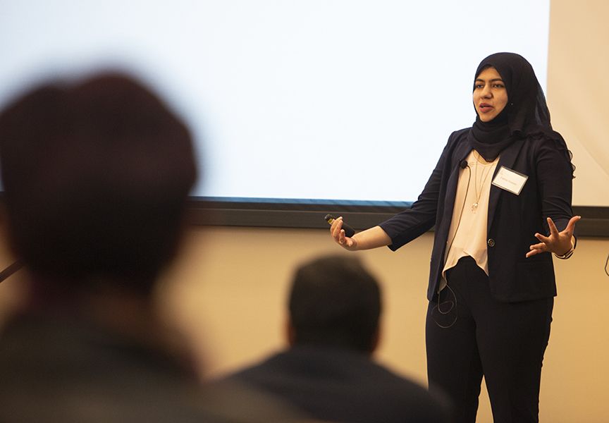 Photo of UC Davis chemistry graduate student giving talk at Grad Slam