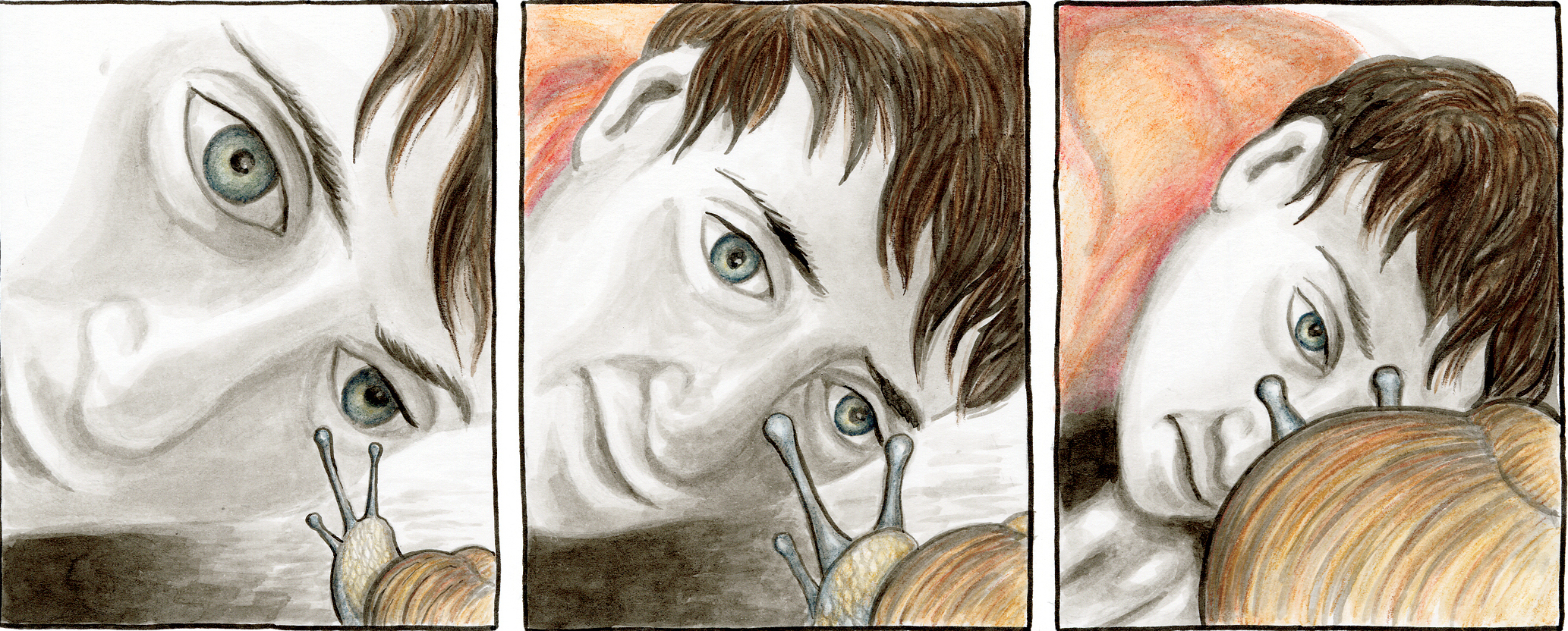 Detail of art by Maureen Burdock, cultural studies student graphic novel image of woman's face with snail, three panels