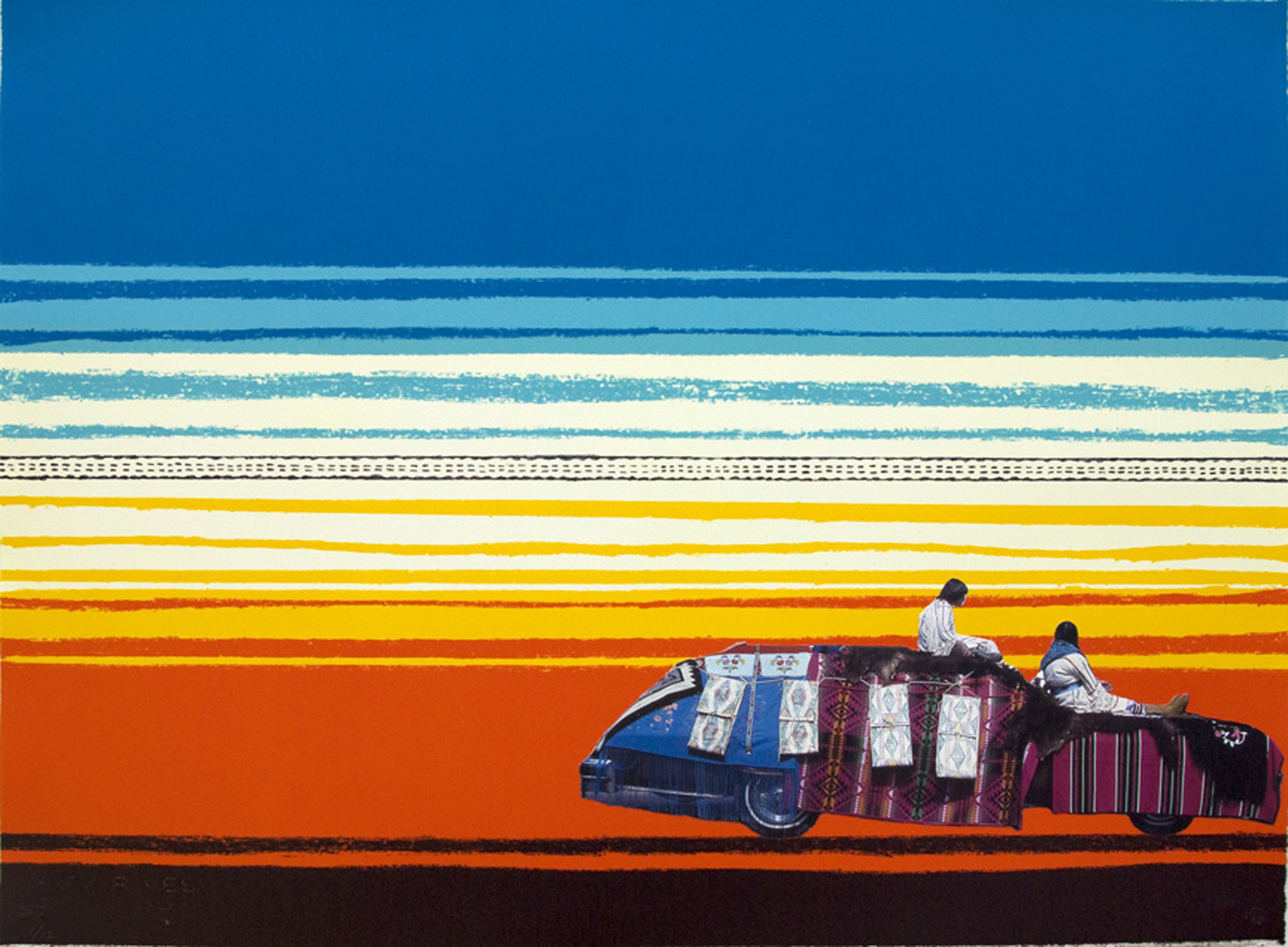 Two people are sitting on a car in front of a watercolor of blue, yellow and orange stripes behind them