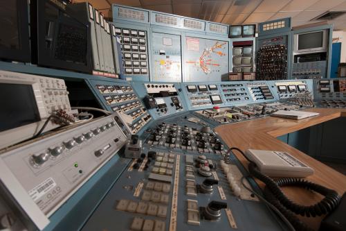 Control panel for the cyclotron at the Crocker Nuclear Laboratory.