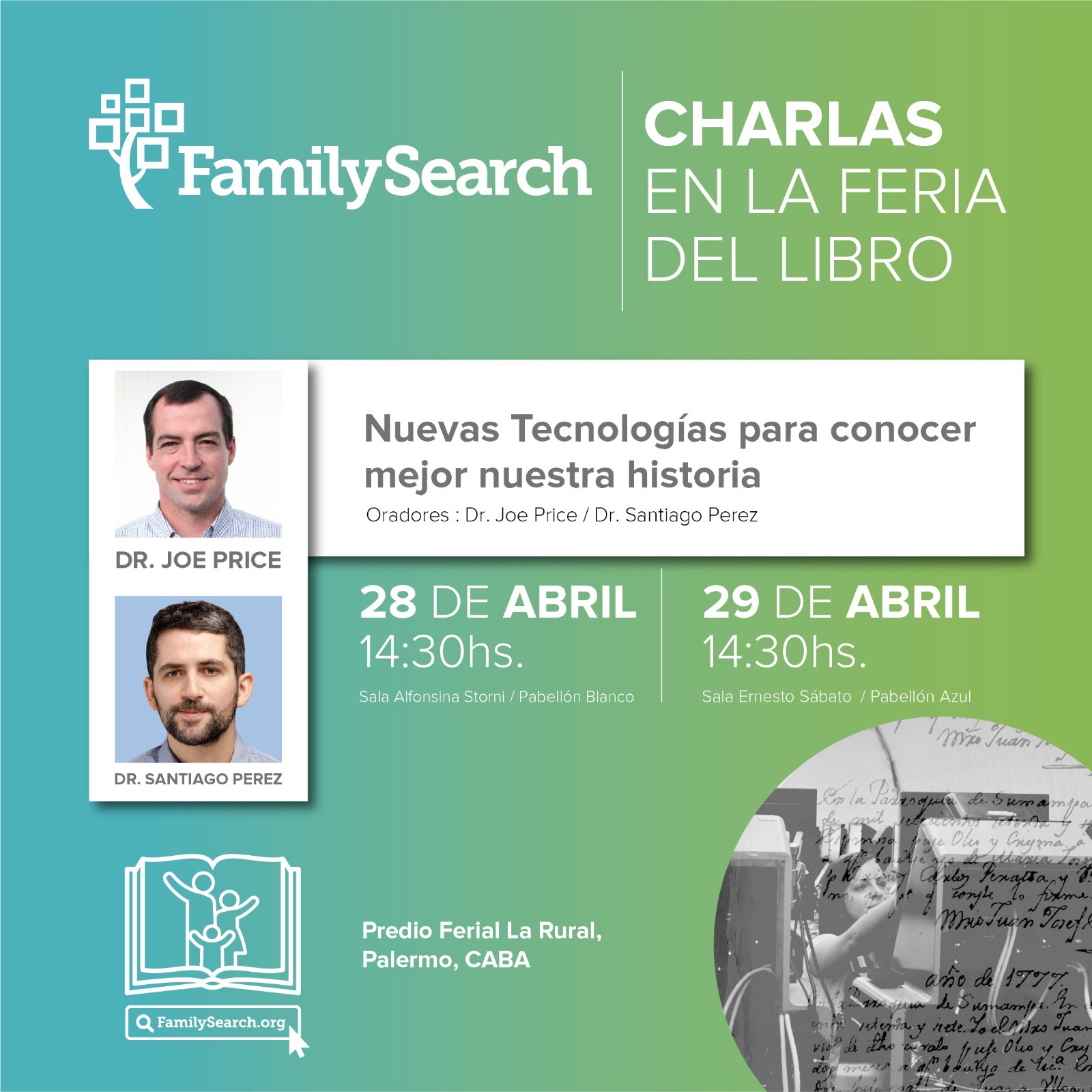 A flyer with portraits of two male scholars giving FamilySearch talks at the 2023 International Book Fair of Buenos Aires and text, in Spanish, for date, time, location and topic: "New technologies for better knowing our history."