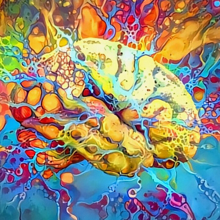 A vibrant painting of a brain with paint bursting out from behidn it. 