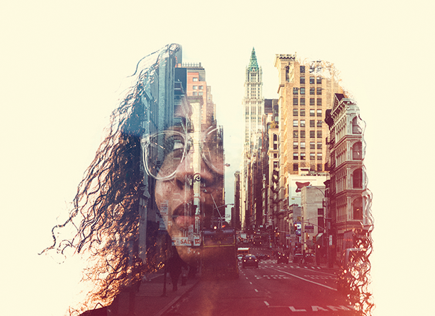 Photo illustration of face of woman looking left superimposed on a city scape.