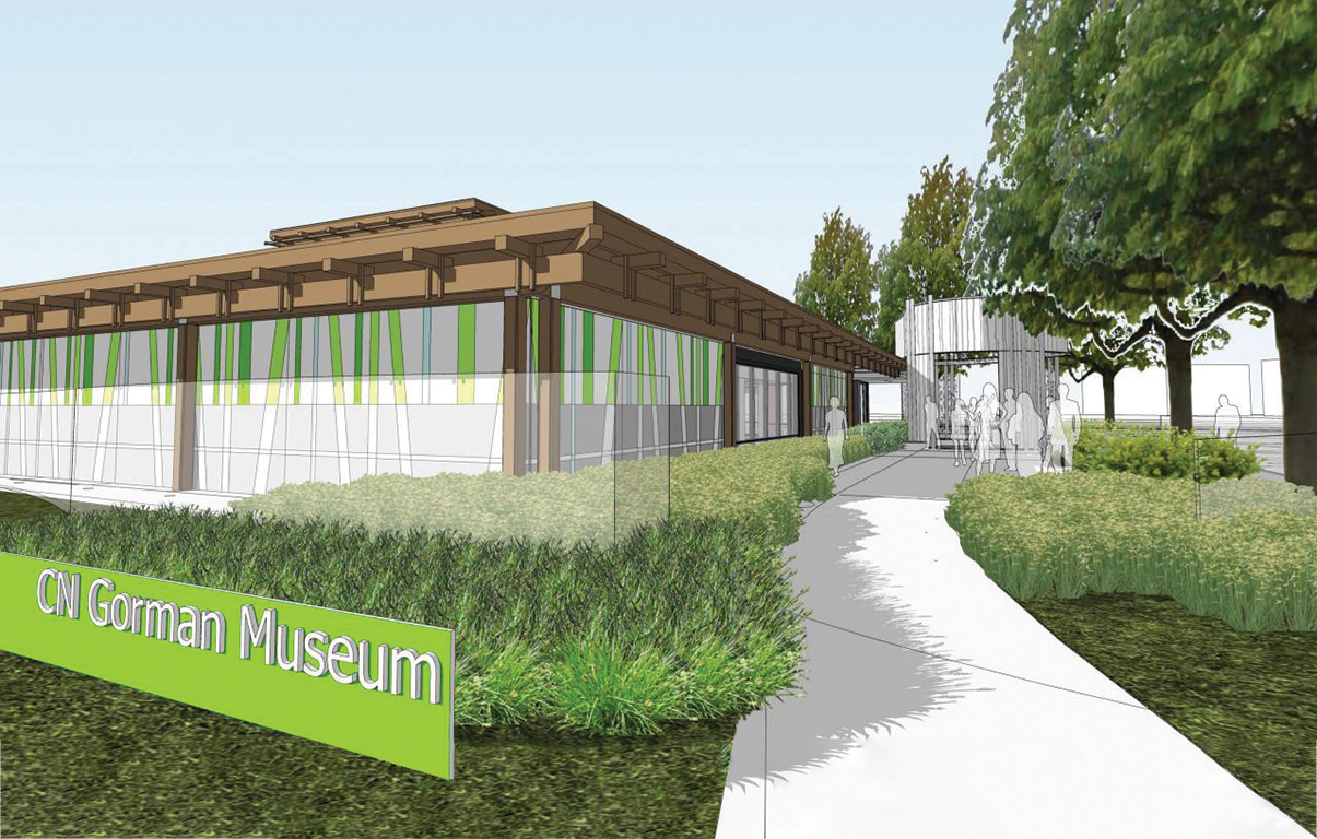 Artist's rendering of building with translucent people icons near entry and sign in front that reads "Gorman Museum"