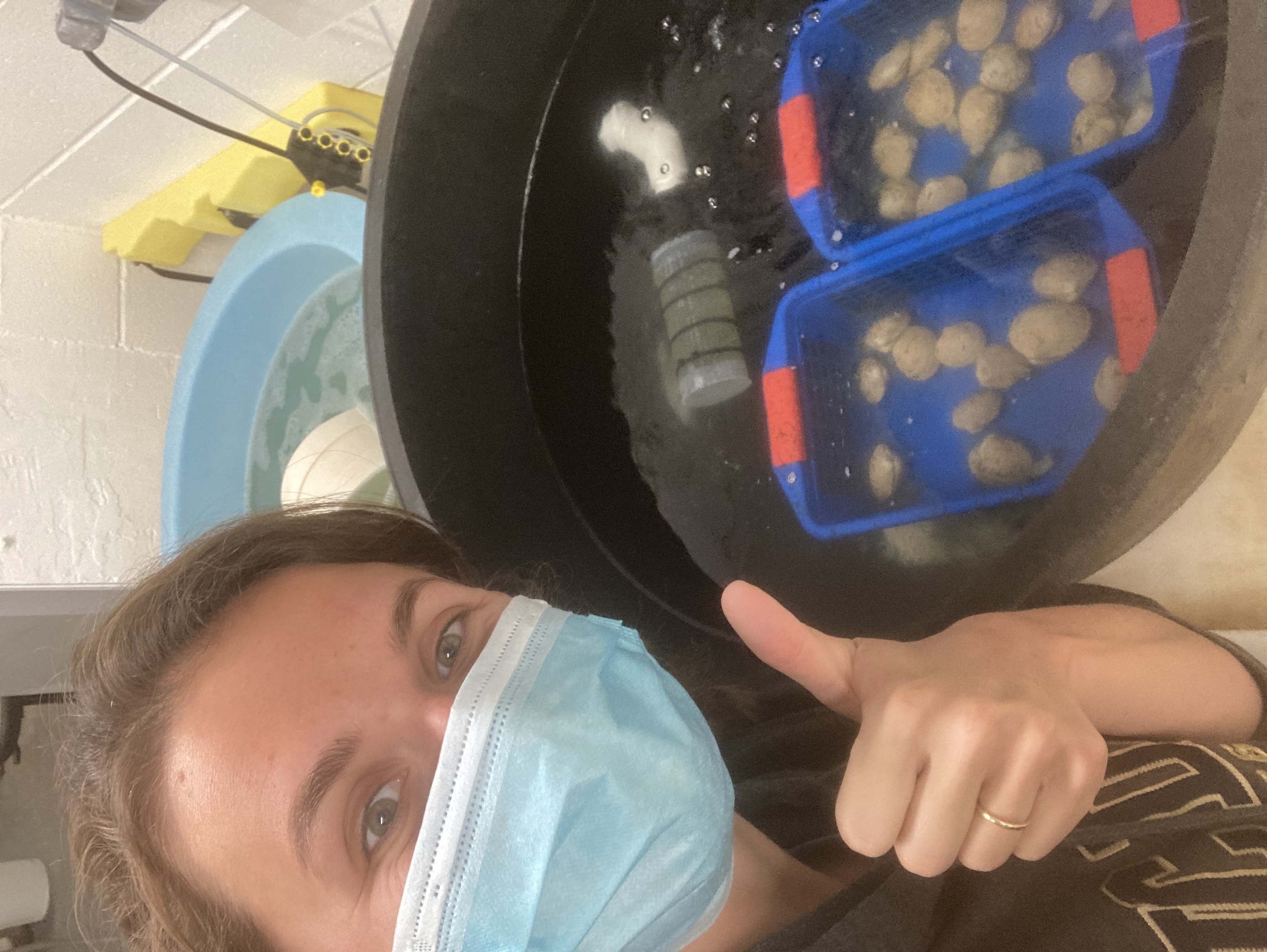 Hannah Kempf is wearing a mask and giving a thumbs up as she poses next to Pacific clams