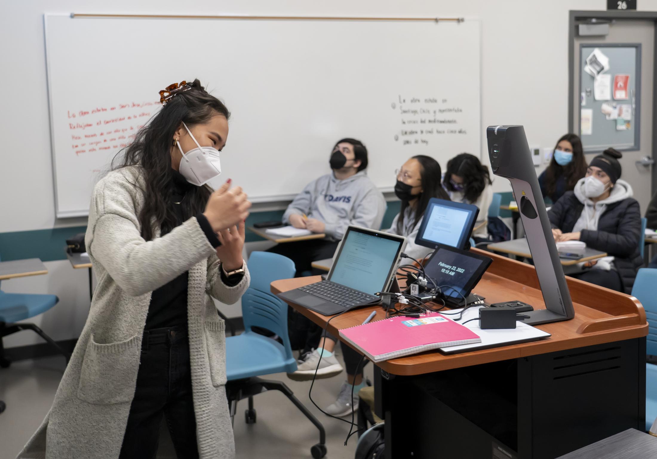 Lea Nglankong, a UC Davis undergraduate, going over a practice exam during a chemistry support class at UC Davis. 