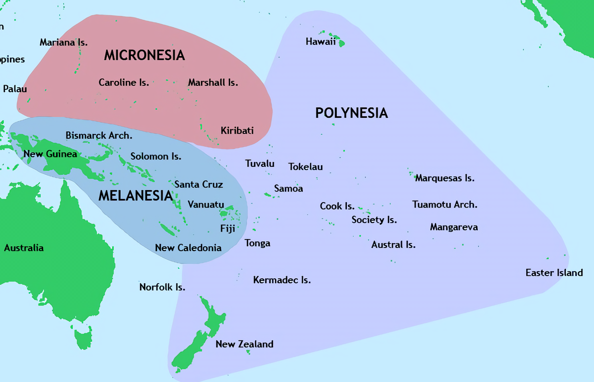 map of the pacific area land in green, sea in blue, and three areas of the Pacfic Island demarcated in purple (south central pacific, reddish, north west pacific islands and dark blue with New Guinea and islands nearby