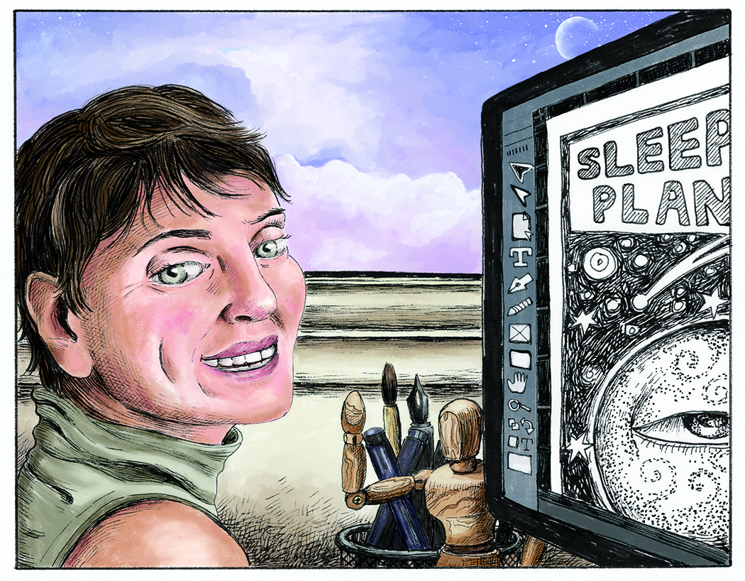 Illustration of artist Maureen Burdock as she creates an illustration for her graphic novel "Sleepless Planet"