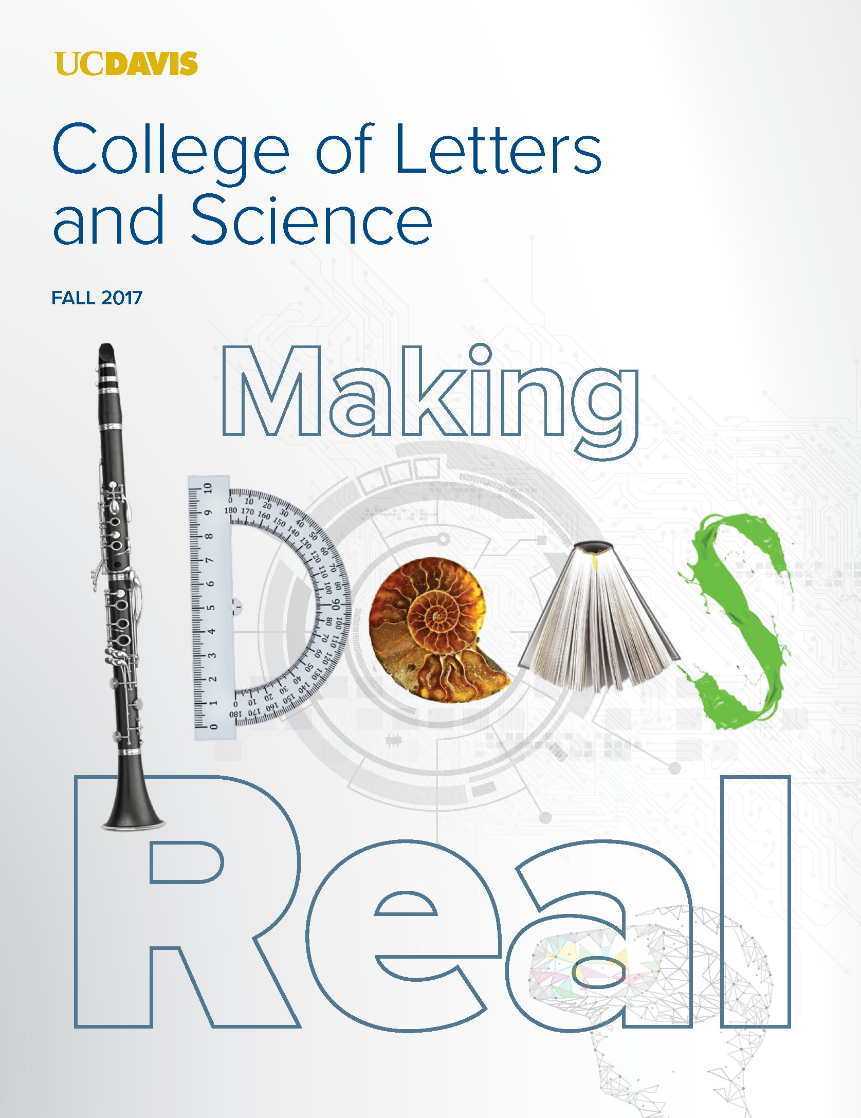 A clarinet, protractor, among other objects, spell out Ideas on the cover.