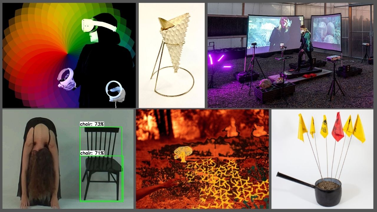grid of six images of works by art, design and performance studies students. from upper left: woman in goggles looking at rainbow color wheel, white and gold cone, glass room with purple lights and monitors, black pan with wire and yellow and red plastic flags, squiggly yellow lines drawn on photo that is mostly orange with fire in backtground, photo of woman bent all the way forward touching feet, hair hanging over face next to a chair bent over with hair hanging over face next two a chair with a green rec
