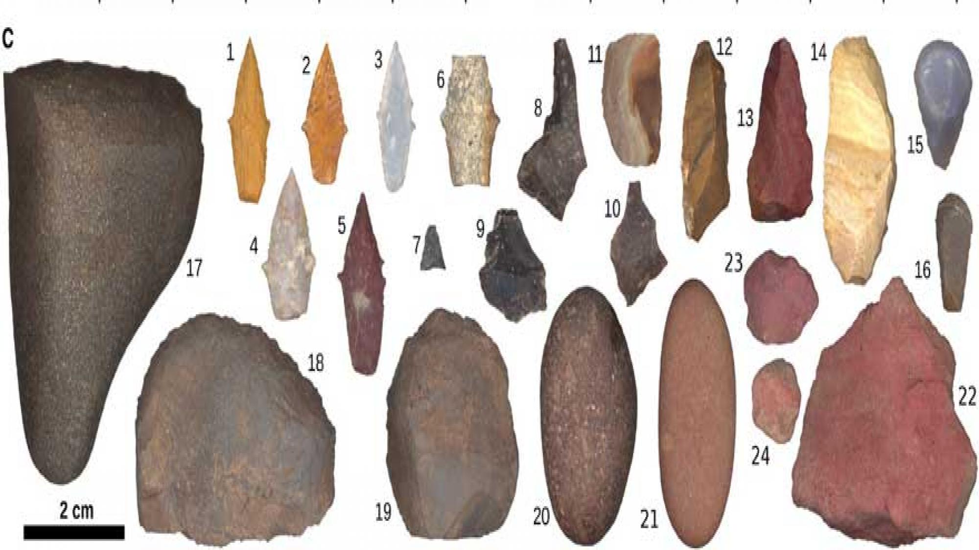 Variety of stone tools, numbered