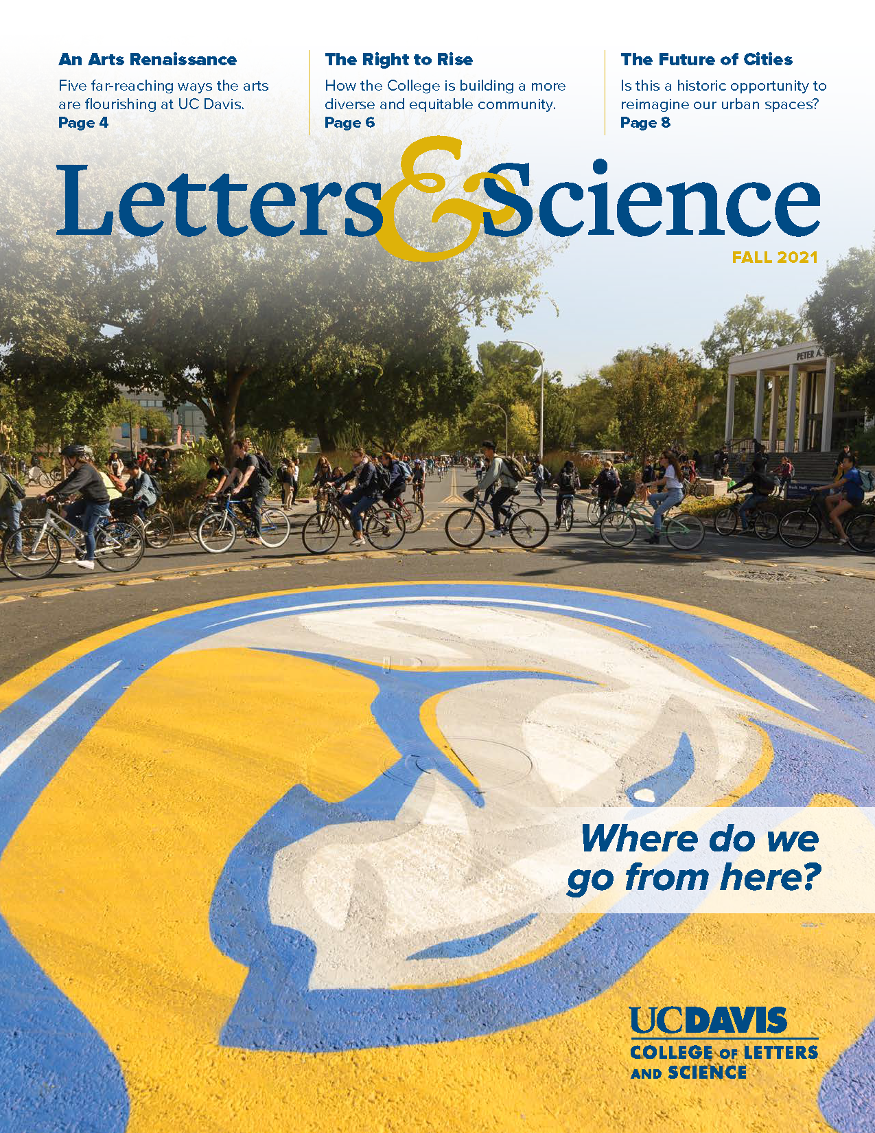 Magazine cover with photo of bicycle riders pedaling around a UC Davis traffic circle with the Gunrock mascot painted in the middle