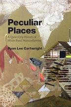 cover of book Peculiar Places with a collage like image of rural home with ladder and lace at top. Dominant color is muted  green/brown