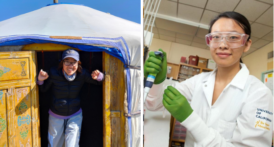 side by side photos: young smiling Chinese woman coming out of a Mongolian test and a young Chinese woman in a lab, holding a pipette