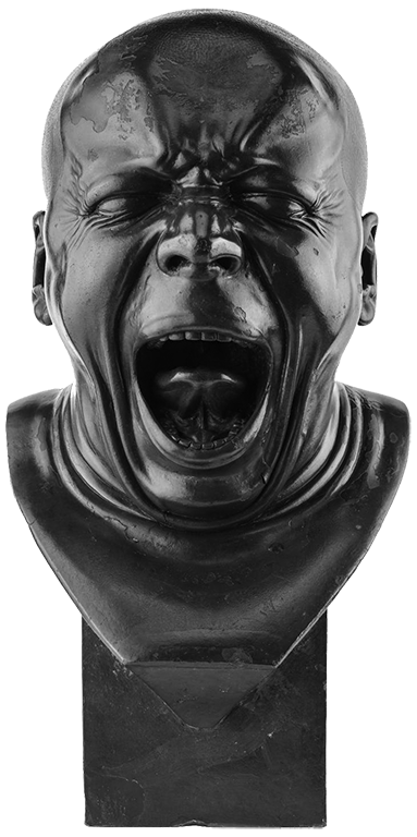 Black sculpture of a bald-headed man with eyes closed tight and mouth wide open as if screaming