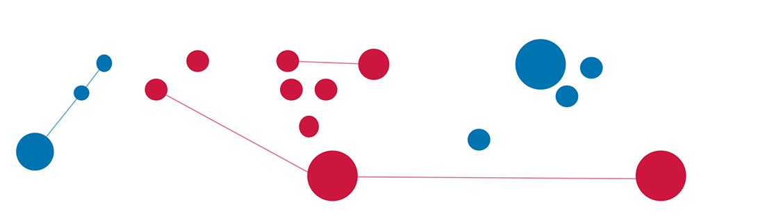 illustration: dots and lines in red and blue colors of political parties
