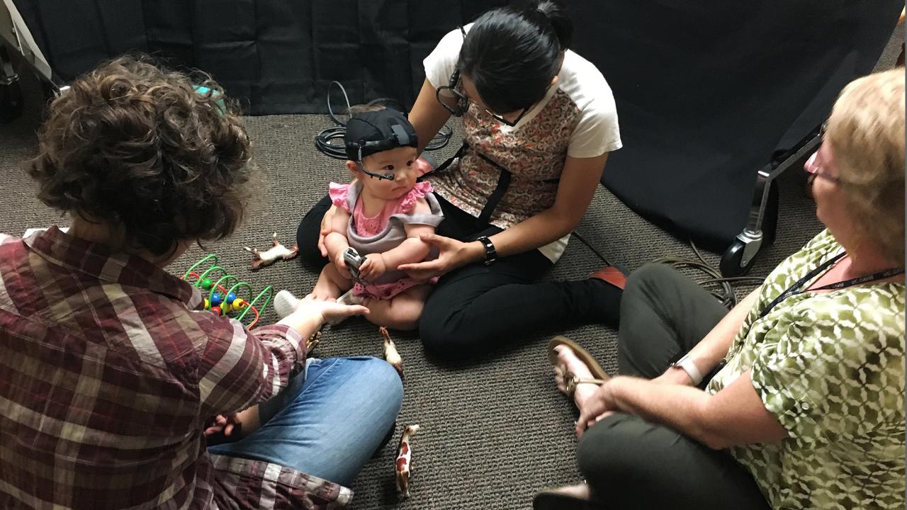 A baby wears an eye-tracking device as part of a UC Davis study on how infants learn while playing. The study is one of two research projects to receive seed grants from the James S. McDonnell Foundation to advance understanding of cognition in real-world activities. (Courtesy of Lisa Oakes/UC Davis) Baby wearing cap with eye-tracking device and surrounded by toys and three adults