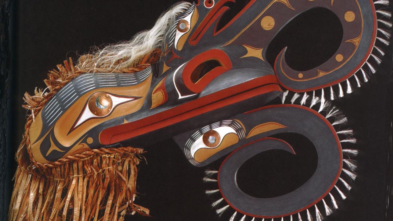 George Hunt Jr., Crooked Beak of Heaven, 1991. Red cedar, cedar bark, horse hair, acrylic paint, abalone, sinew, copper Gift from Gloria and Selig Kaplan 