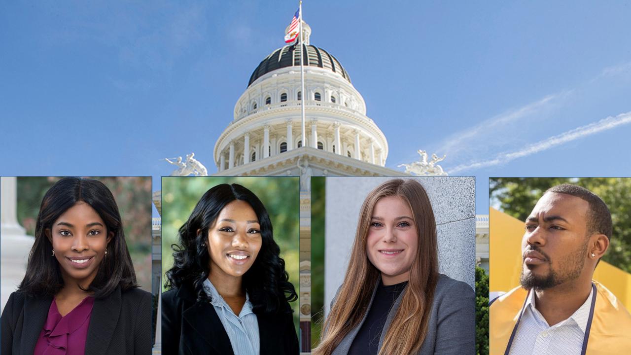 Portrait photos of four alumni in Capital Fellowship Programs over photo of California Capitol building.