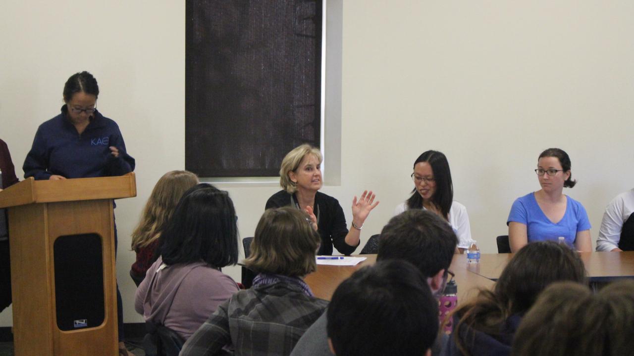Professor Susan Kauzlarich speaks during the undergraduate research panel. Susan Kauzlarich