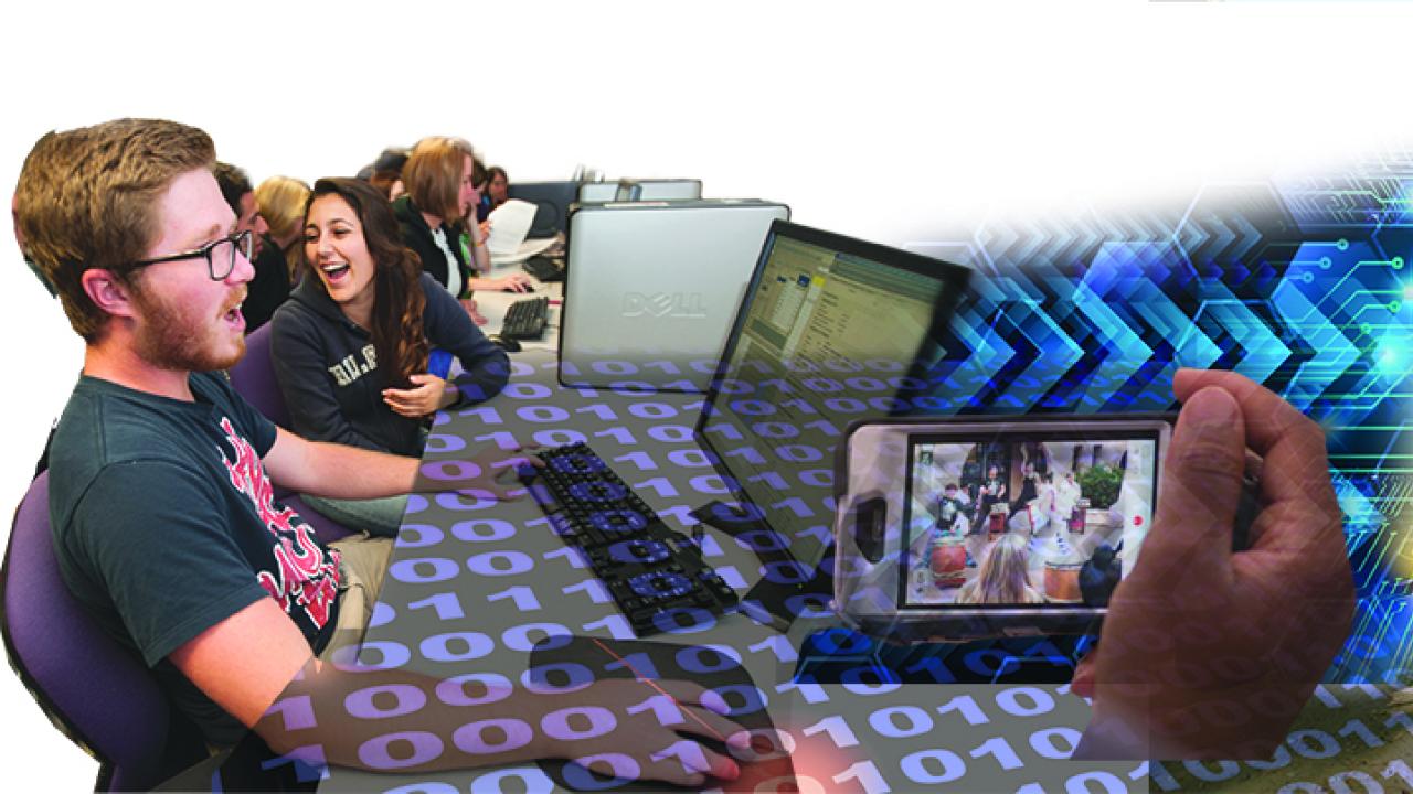 Photo Illustration: collage of students with computers, handheld device