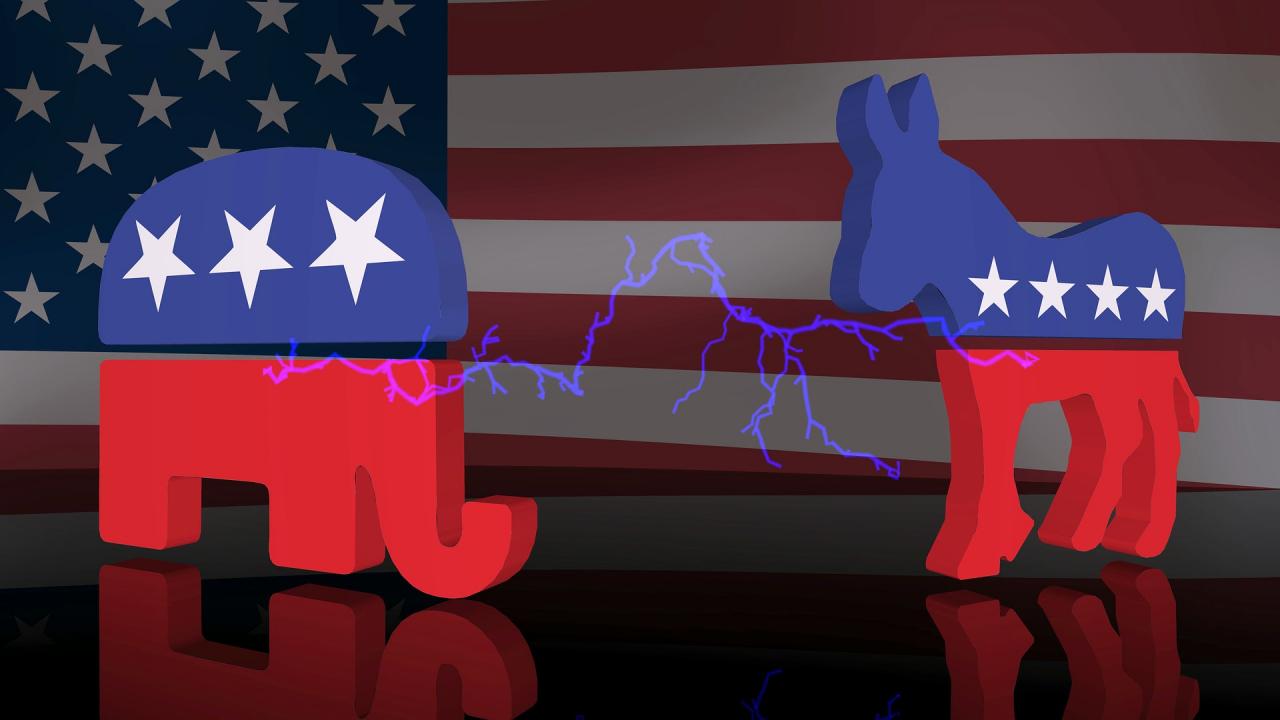 illustration of USA flag, Republican elephant and Democratic donkey with electric sparks between the two party symbols