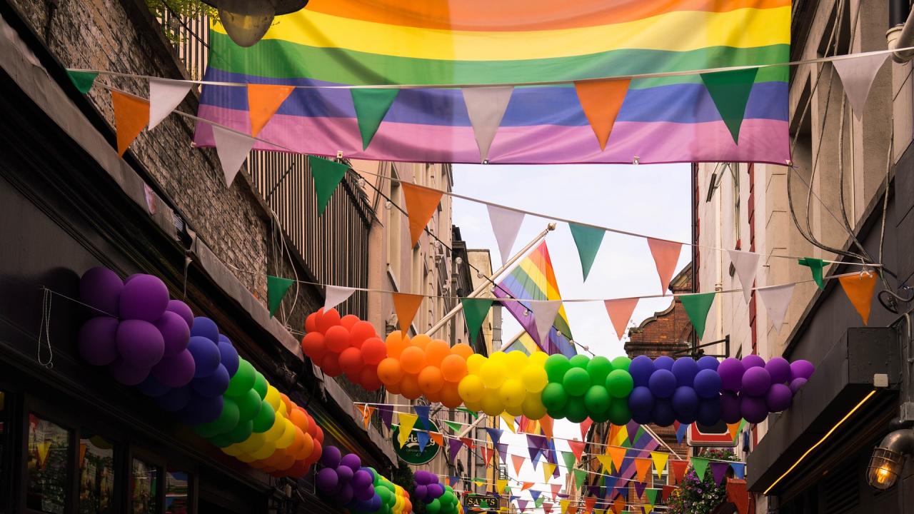 Photo of rainbow balloons and flags from Gay Pride event