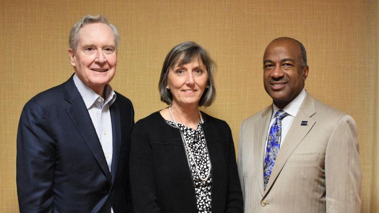 Incoming Alumni Regent Debra Stegura, a UC Davis graduate, is flanked by George Keiffer, left, chair of the Board of Regents; and Gary S. May, UC Davis chancellor. Photo of three UC officials standing together