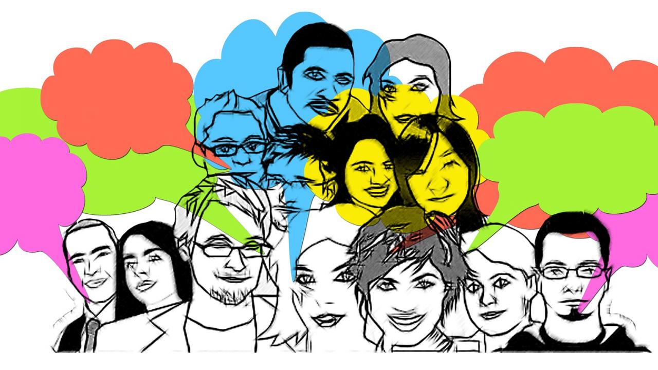 Illustration of a group of people with thought bubbles above their heads.
