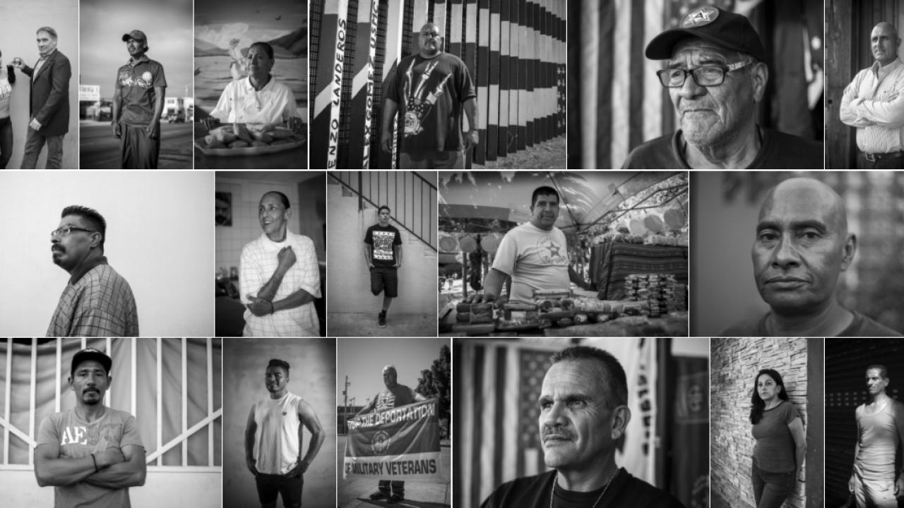 black and white collaged photo images of people recently deported
