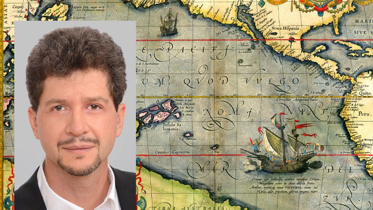 Photo of UC Davis historian Andres Resendez set over an historic map of Magellan's voyage