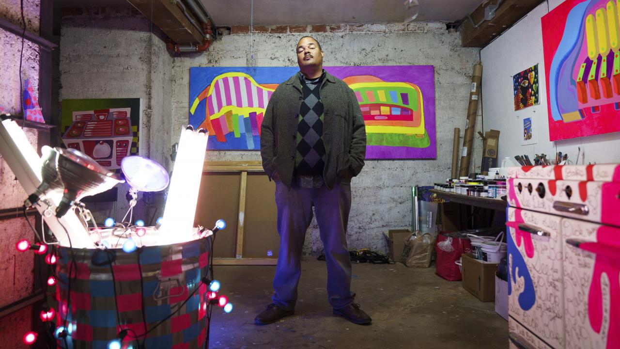 Tavarus Blackmon during his residency at Headlands Center for the Arts Tavarus Blackmon in his studio at Headlands Center