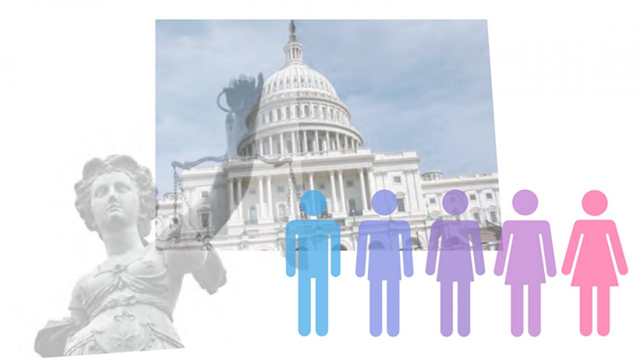 Illustration: Lady Justice, U.S. Capitol and bathroom sign icons shifting from male to female