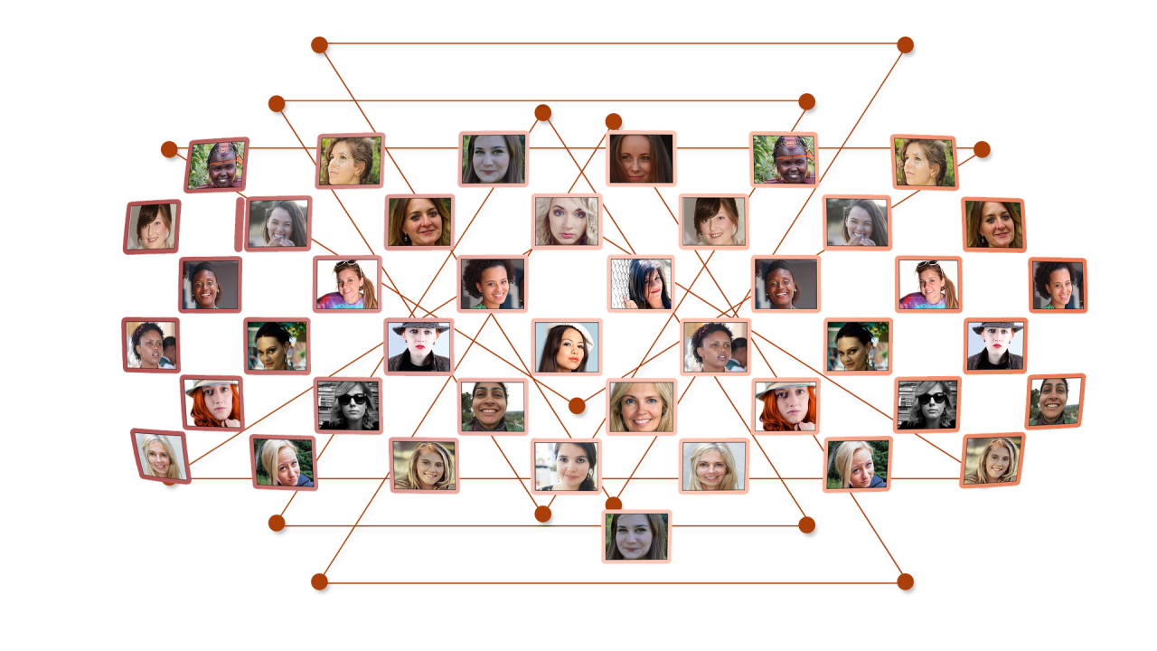 Photo montage of people's faces on rectangles over connecting lines