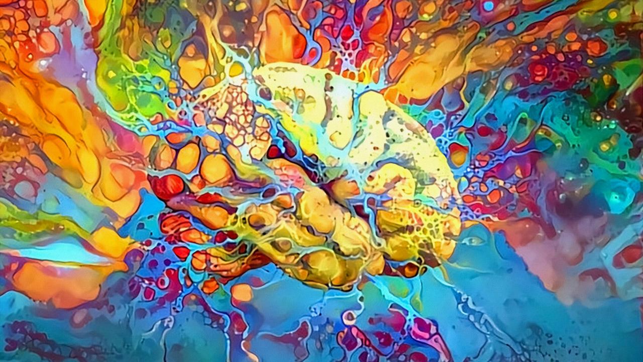 A bright and colorful painting of neurons and the brain's prefrontal cortex