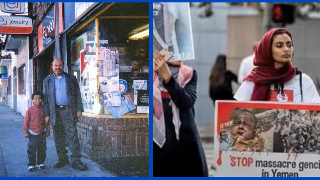 Boy holding hands with father outside store  (left) Young women holding poster at protest right. 