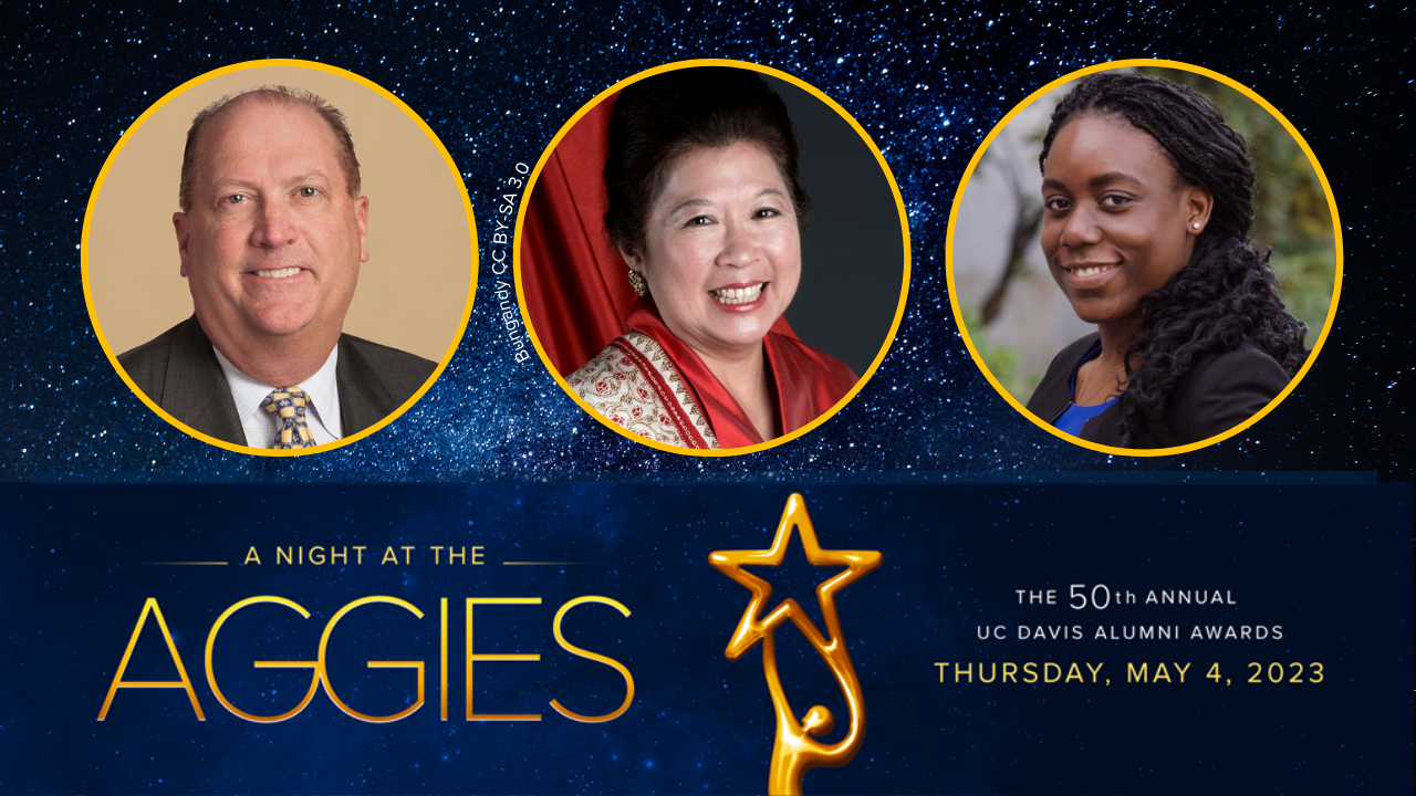 Photos of three UC Davis alumni in circular frames against a starry night background. Below is a golden trophy of a figure holding a star and the words Night at Aggies