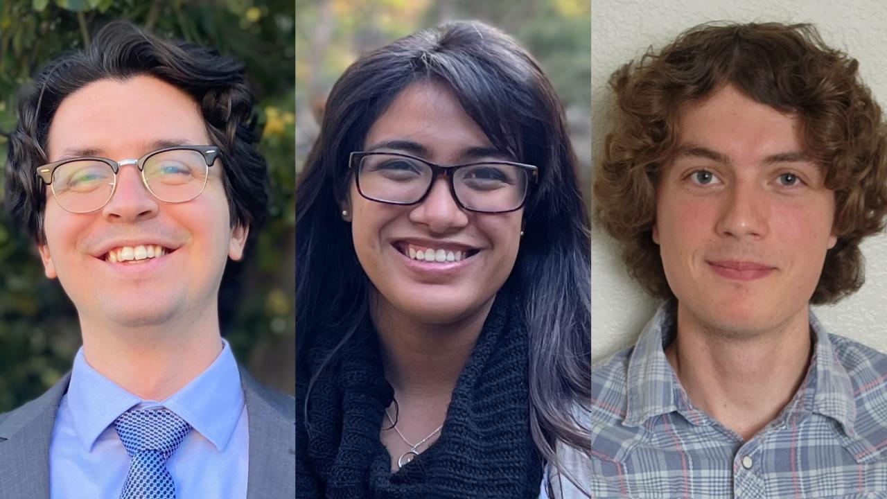 Three head shots of College of Letters and Science students participating in this year's UC Davis Grad Slam
