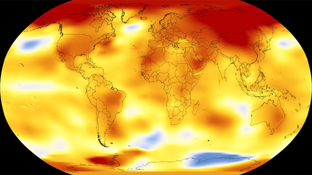 Shown here are 2017 global temperature data: higher than normal temperatures are shown in red, lower than normal temperatures are shown in blue. Credit: NASA's Scientific Visualization Studio