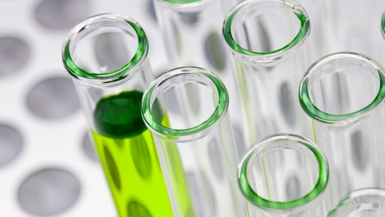 Test tubes filled with green liquid.