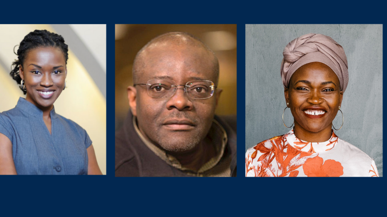 Separate images of three people (left) woman with dark skin and hair with blue top; center man with cropped hair medium dark skin with glass; right women with medium dark skin wearing being headwrap and colorful printed top.