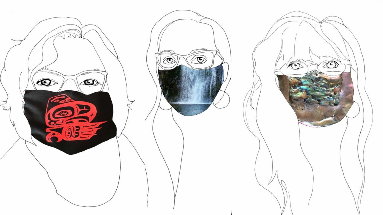 images made for Katelyn Stiles Mellon Public Scholars project of indigenous women wearing pandemic masks decorated with symbols important to them. 